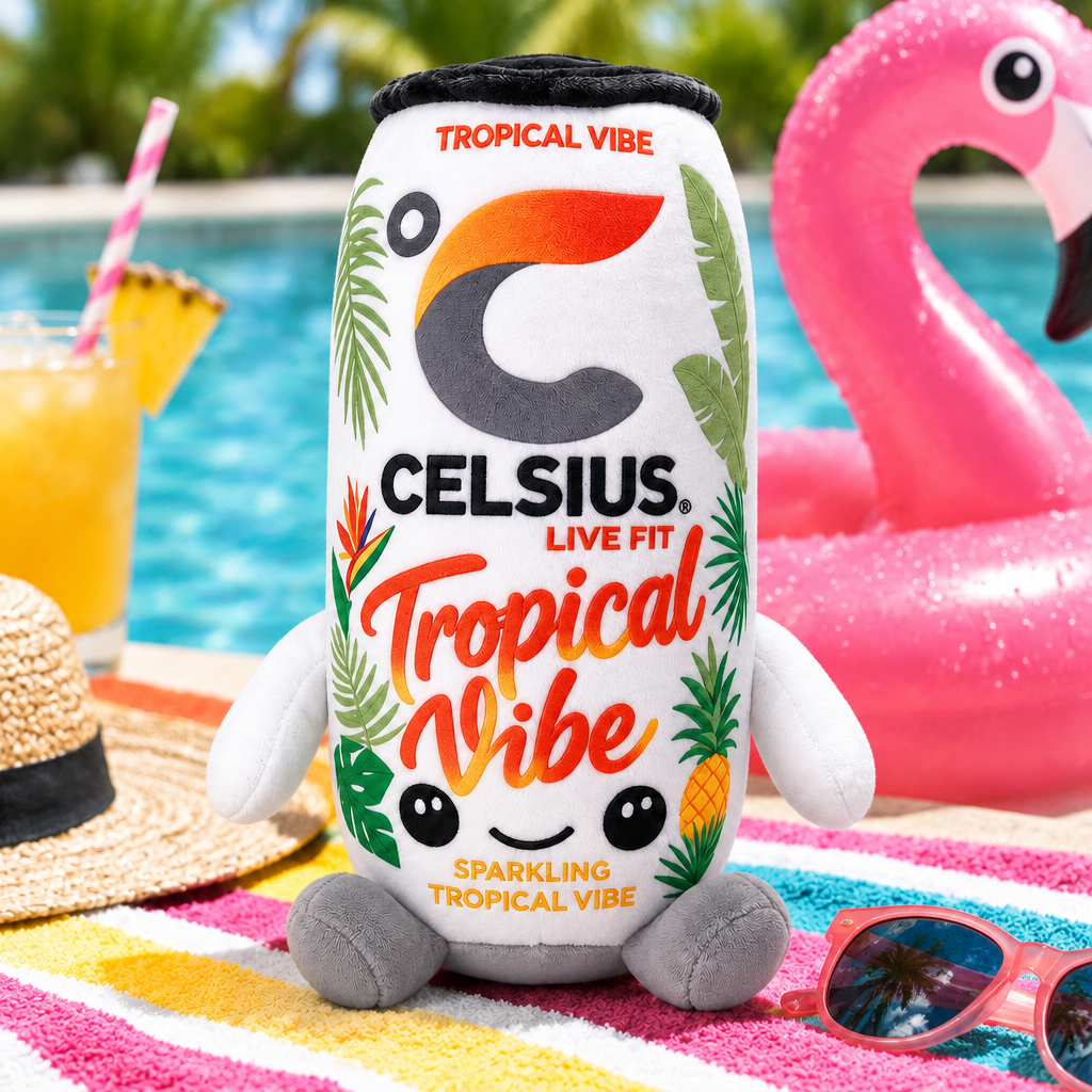 Celsius Tropical Vibe plush toy poolside with a flamingo float
