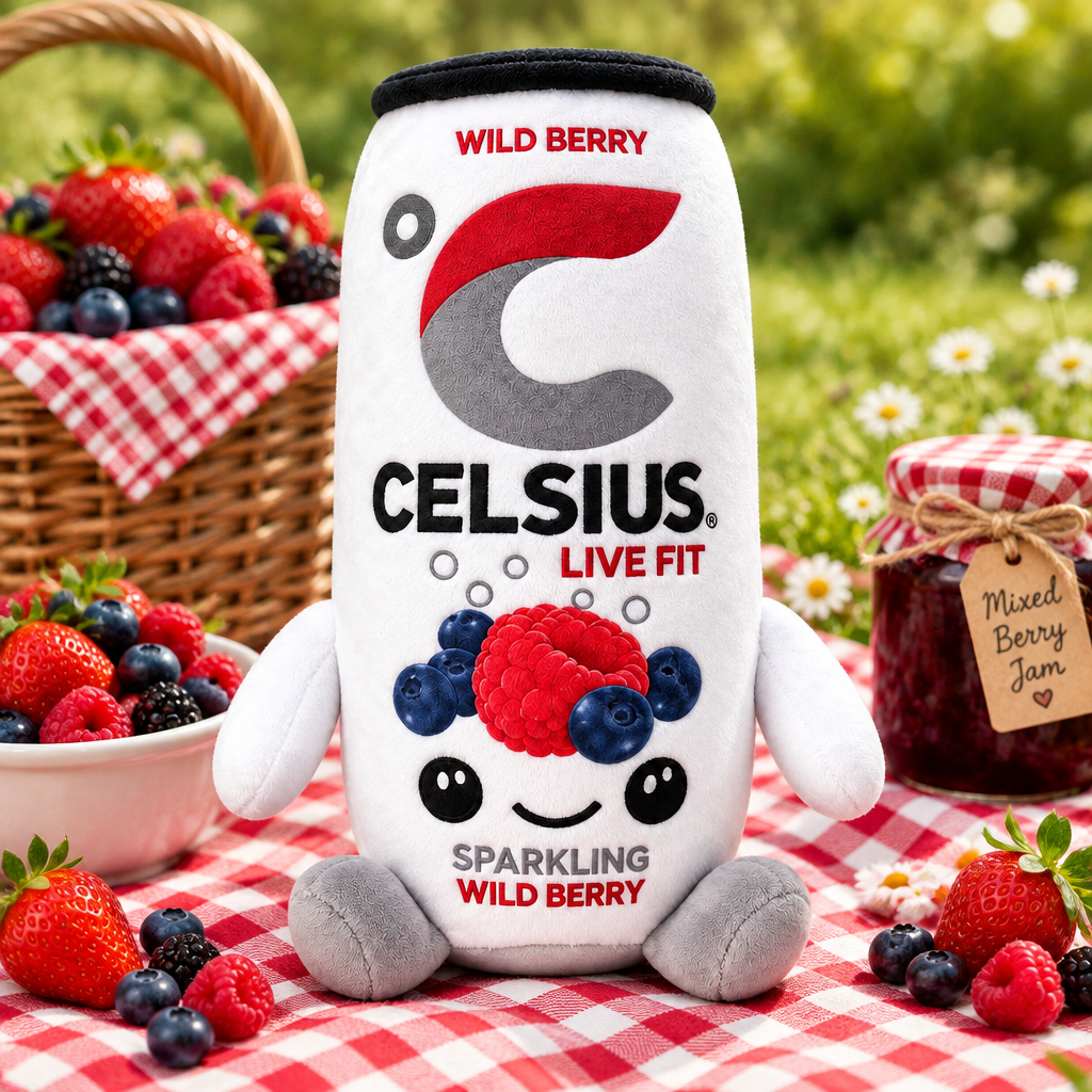Celsius Wild Berry plush toy on a picnic blanket with berries