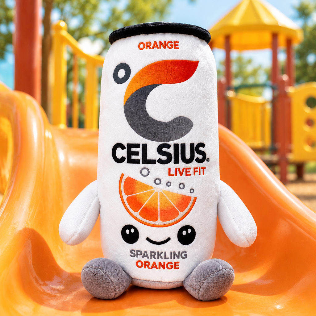 Celsius Sparkling Orange plush toy at a sunny playground