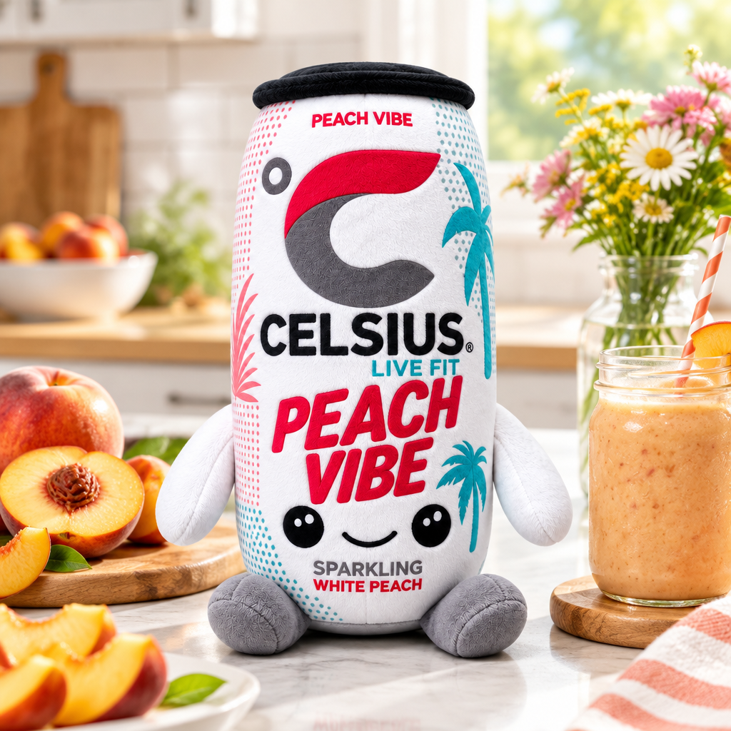 Celsius Peach Vibe plush toy in a summer kitchen with peaches