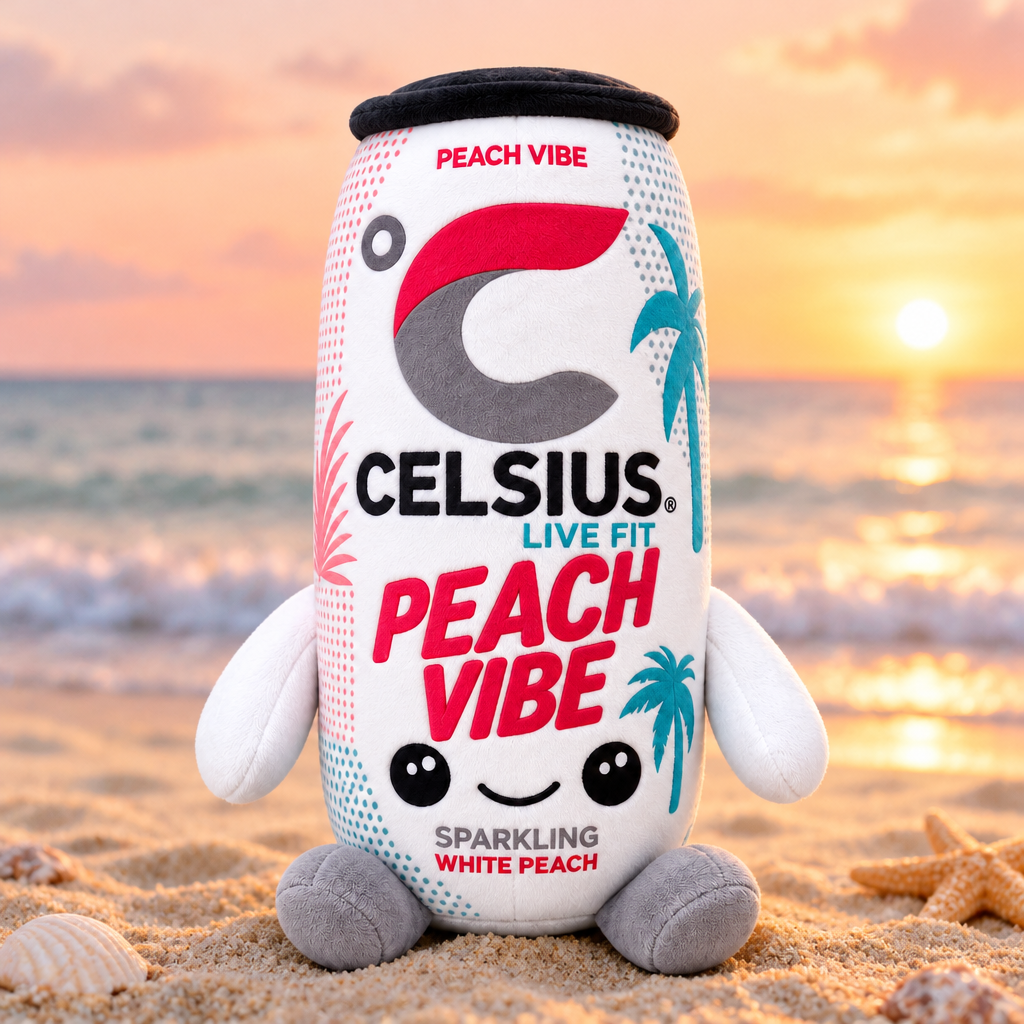 Celsius Peach Vibe plush toy on the beach at sunset