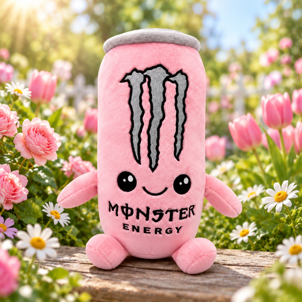 Pink Monster Energy plush toy in a flower garden