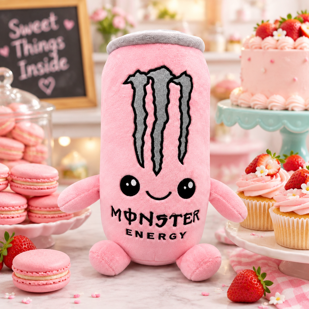 Pink Monster Energy plush toy with pink macarons and cupcakes