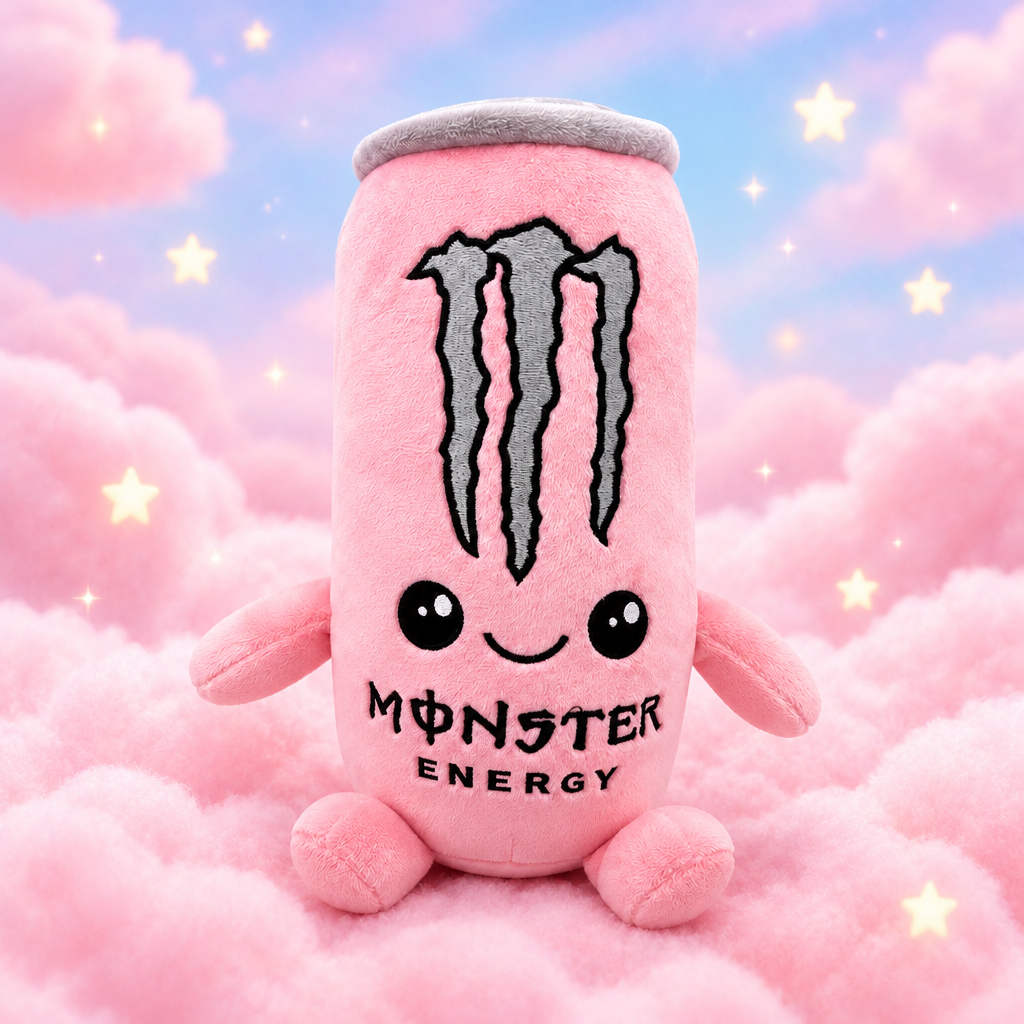 Pink Monster Energy plush toy on cotton candy clouds