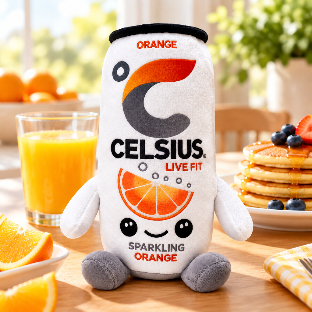 Celsius Sparkling Orange plush toy at a breakfast table
