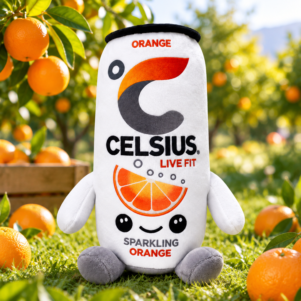 Celsius Sparkling Orange plush toy in a citrus grove
