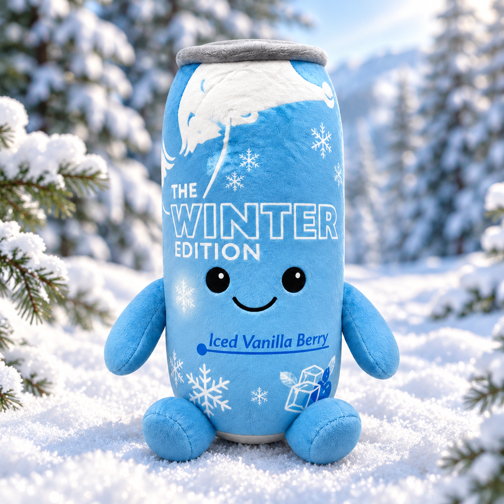 Red Bull Winter Edition plush toy in a snowy pine forest