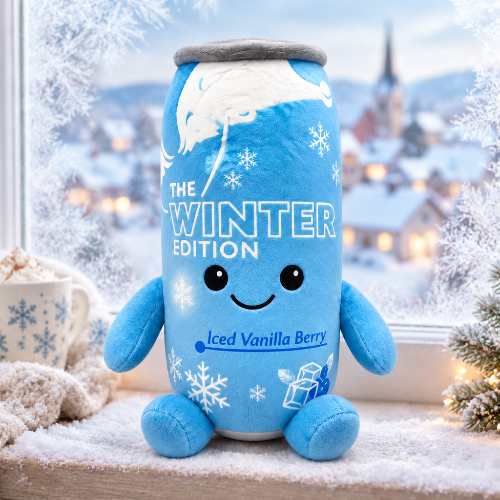Red Bull Winter Edition plush toy at a frosted window