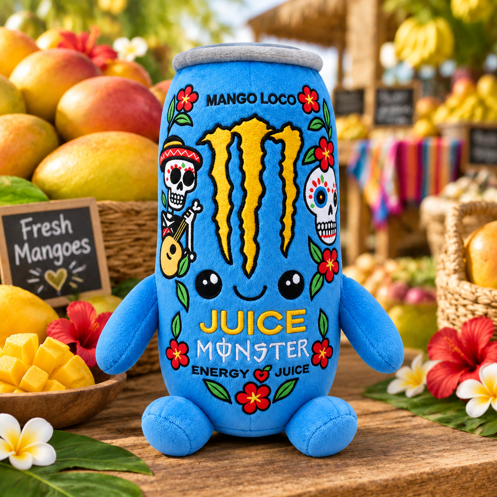 Monster Mango Loco plush toy at a mango market stall
