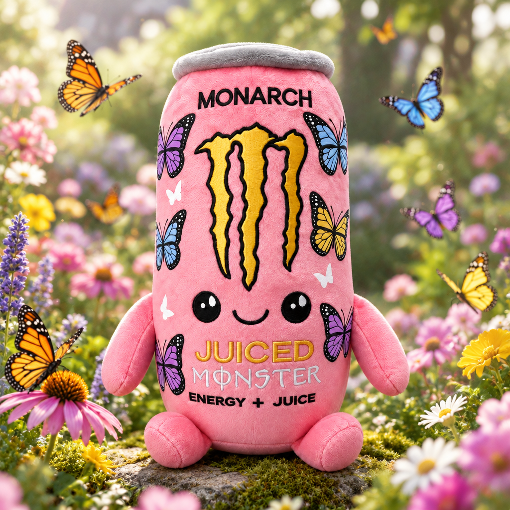 Juiced Monster Monarch plush toy in a butterfly garden