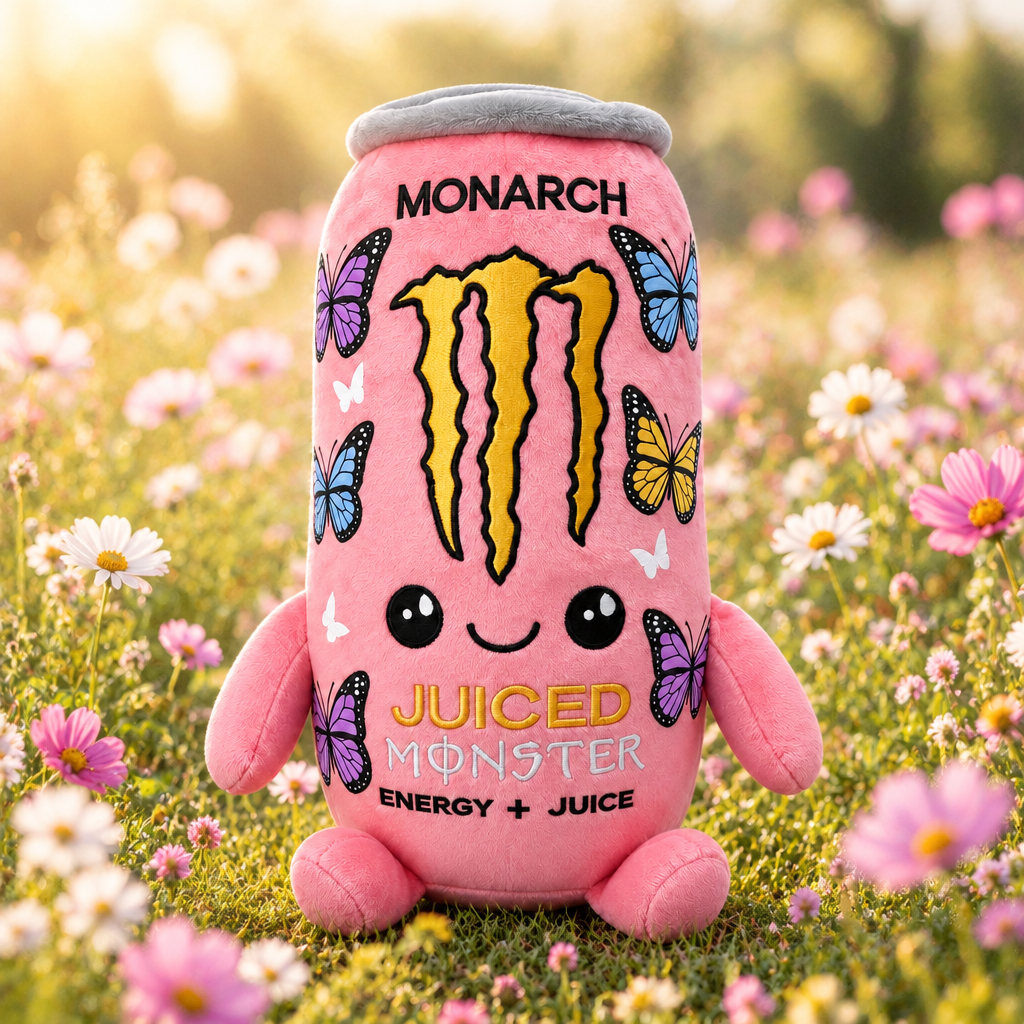 Juiced Monster Monarch plush toy in a spring wildflower meadow