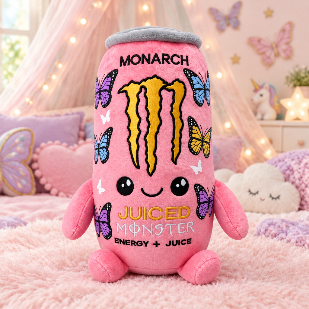 Juiced Monster Monarch plush toy in a pastel fairy-tale kids' room