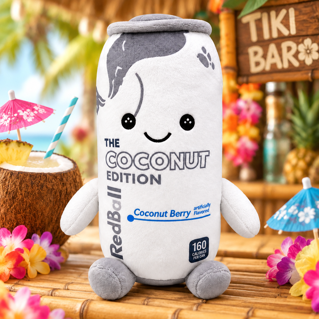 Red Bull Coconut Edition plush toy at a tiki bar