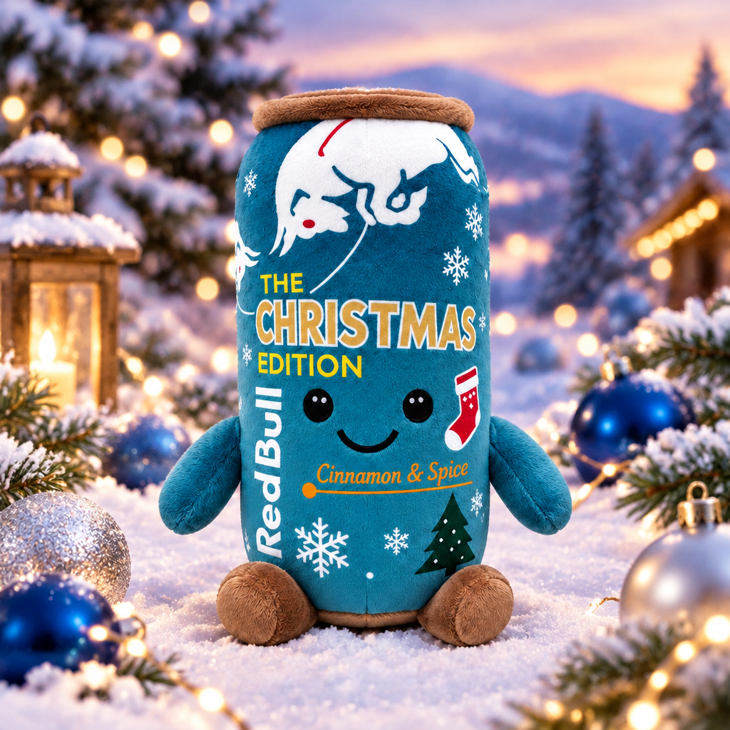 Blue Red Bull Christmas Edition plush toy in a winter wonderland