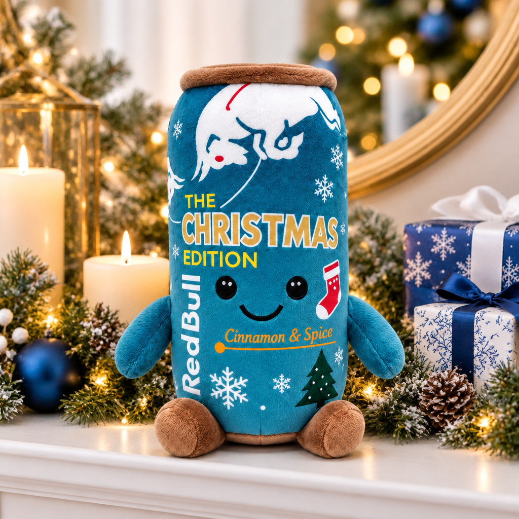 Blue Red Bull Christmas Edition plush toy on a festive mantelpiece