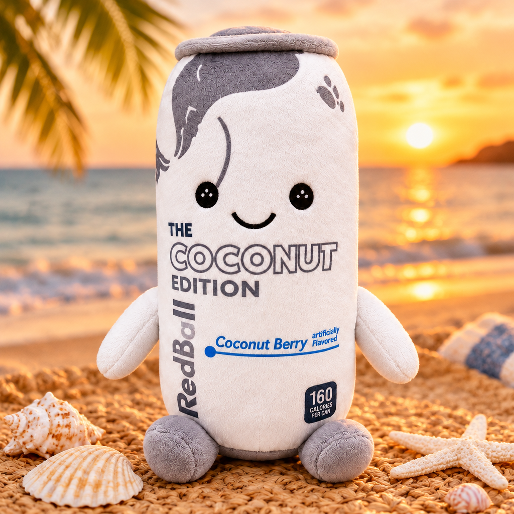 Red Bull Coconut Edition plush toy at a tropical sunset