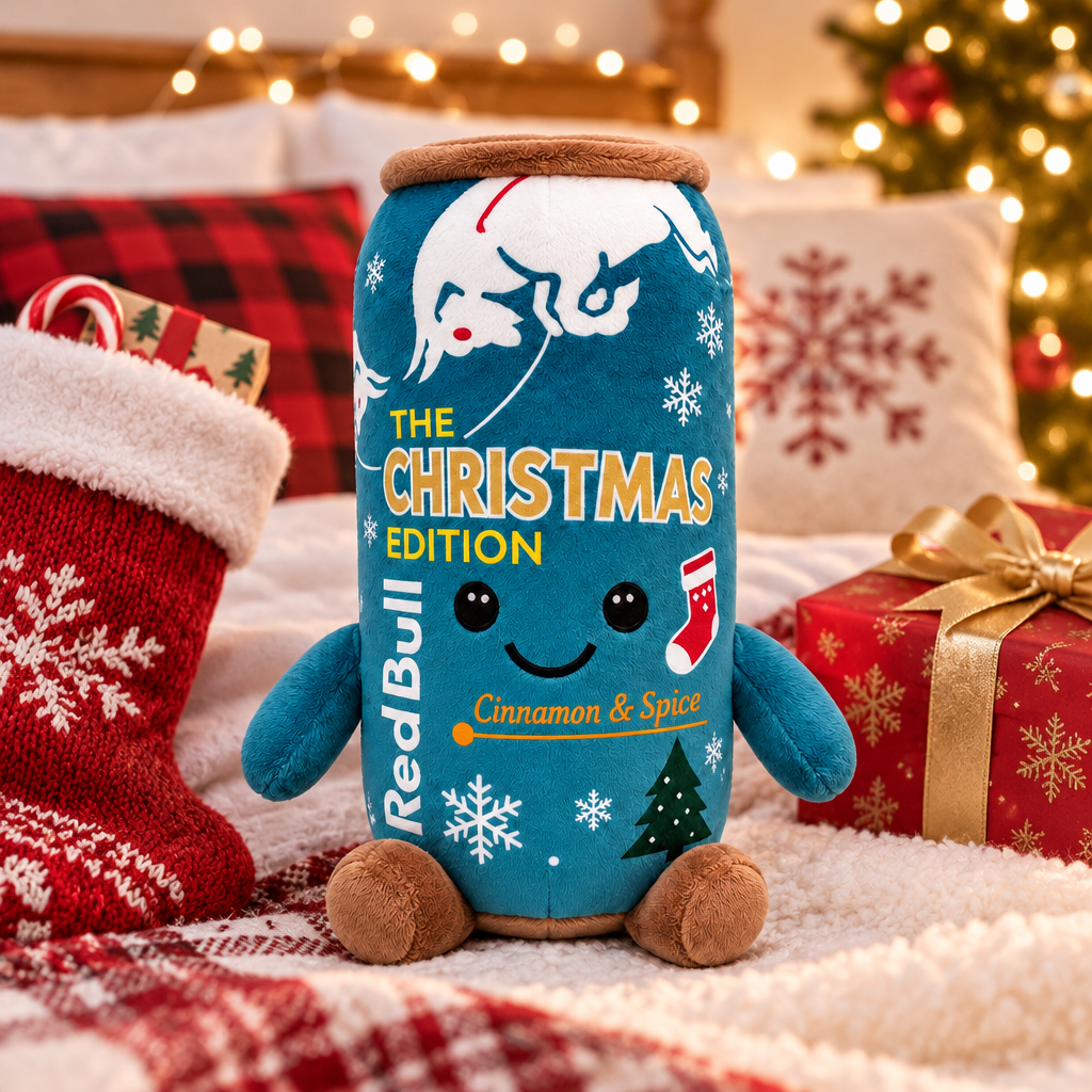 Blue Red Bull Christmas Edition plush toy on Christmas morning