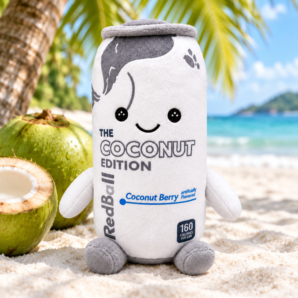 Red Bull Coconut Edition plush toy on a beach with coconuts