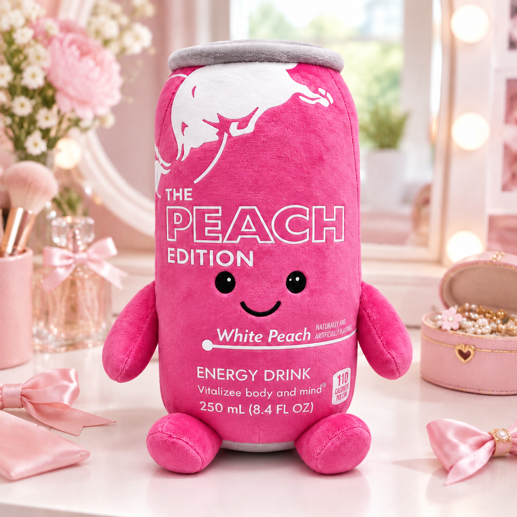 Red Bull Peach Edition plush toy on a pink vanity table