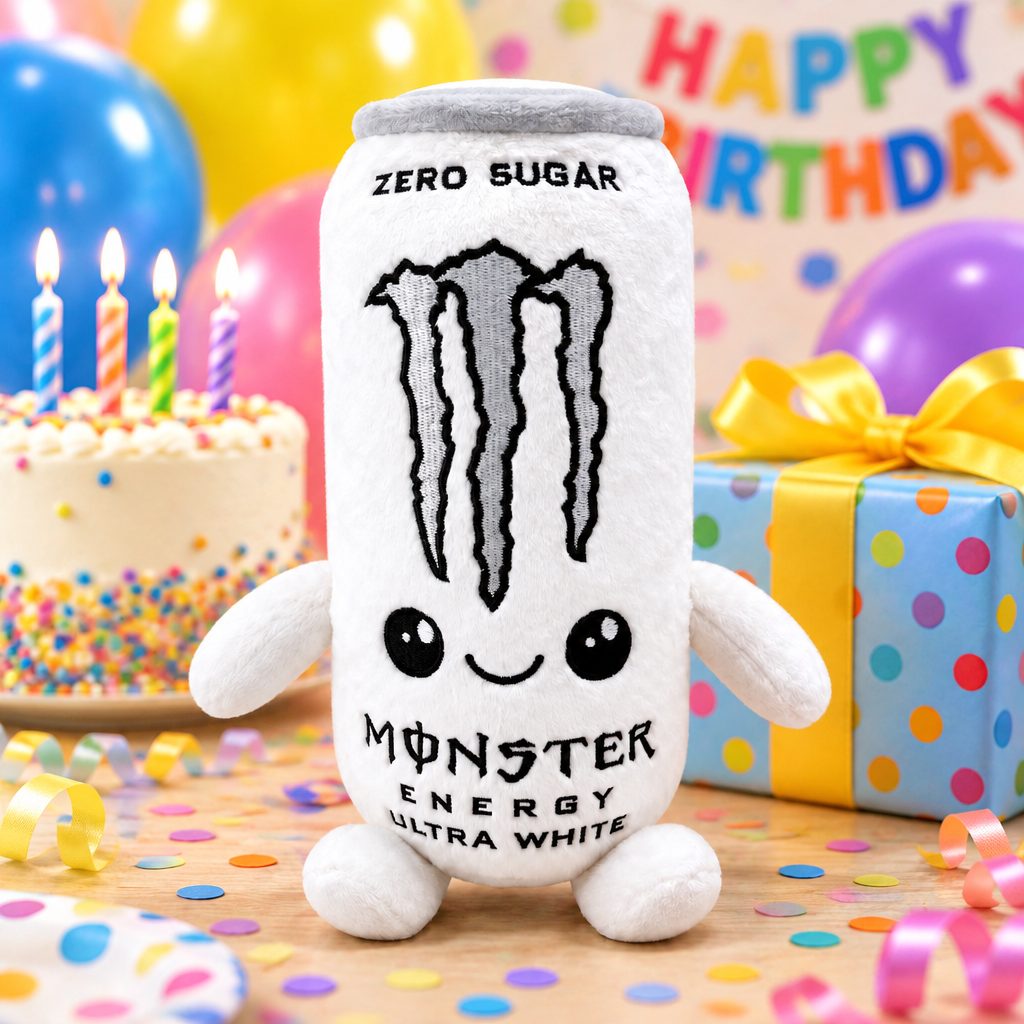 Monster Energy Ultra White plush toy at a birthday party