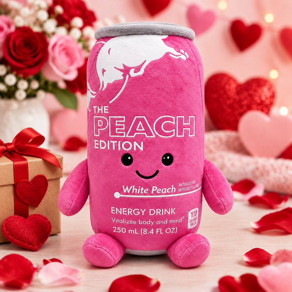 Red Bull Peach Edition plush toy with hearts and rose petals