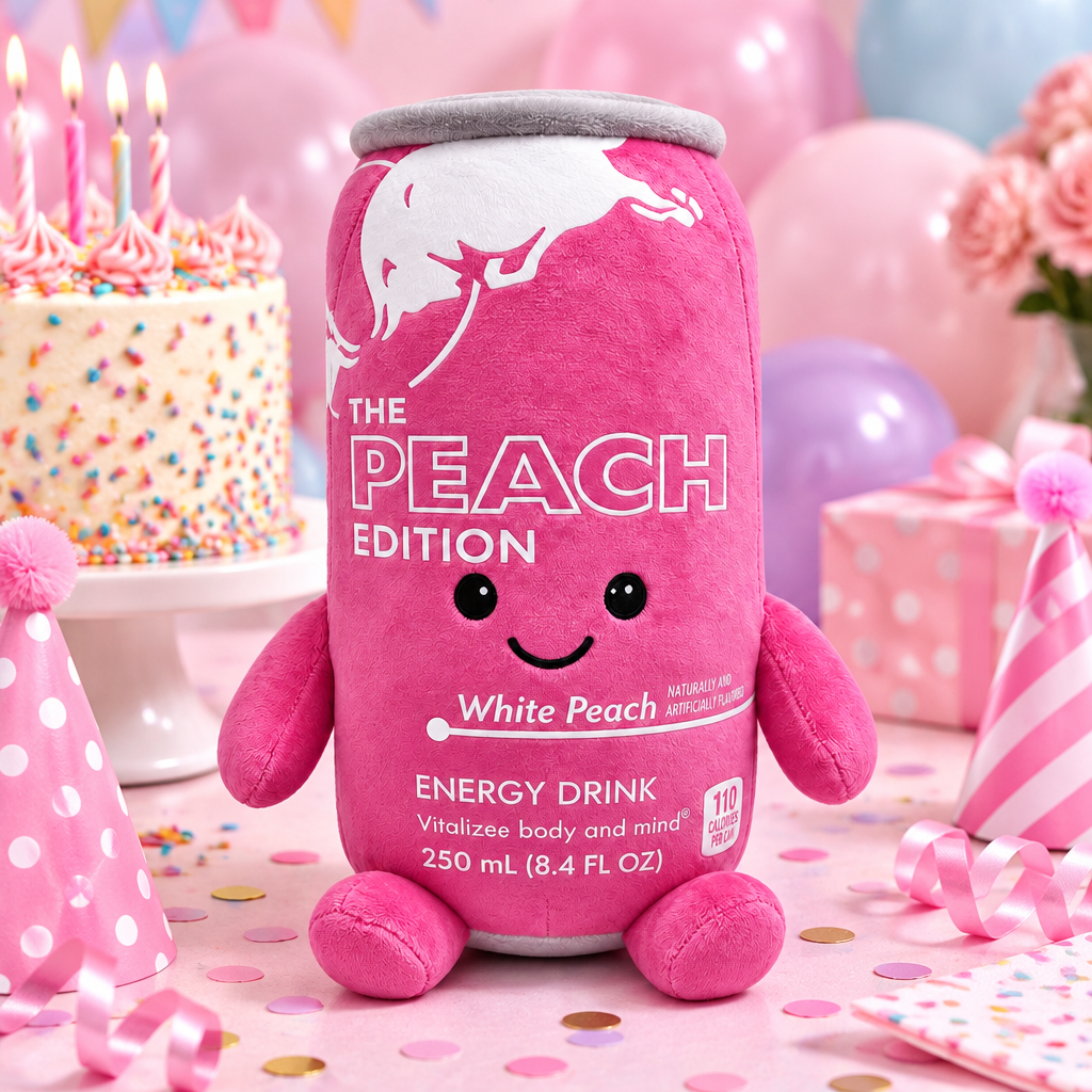 Red Bull Peach Edition plush toy at a pink birthday party