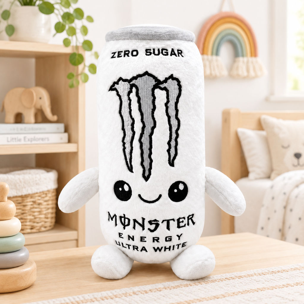 Monster Energy Ultra White plush toy in a Scandinavian kids' room