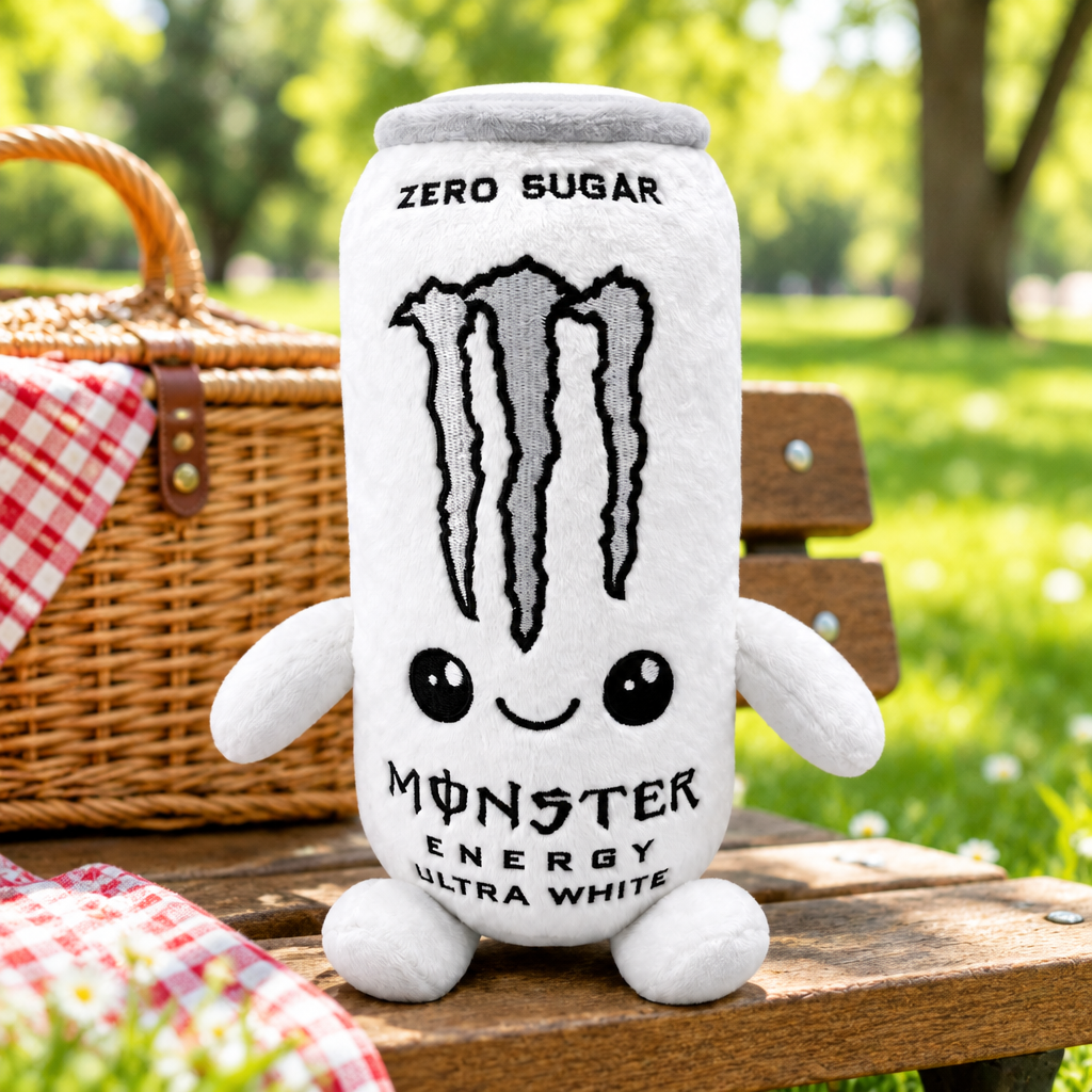Monster Energy Ultra White plush toy on a park bench