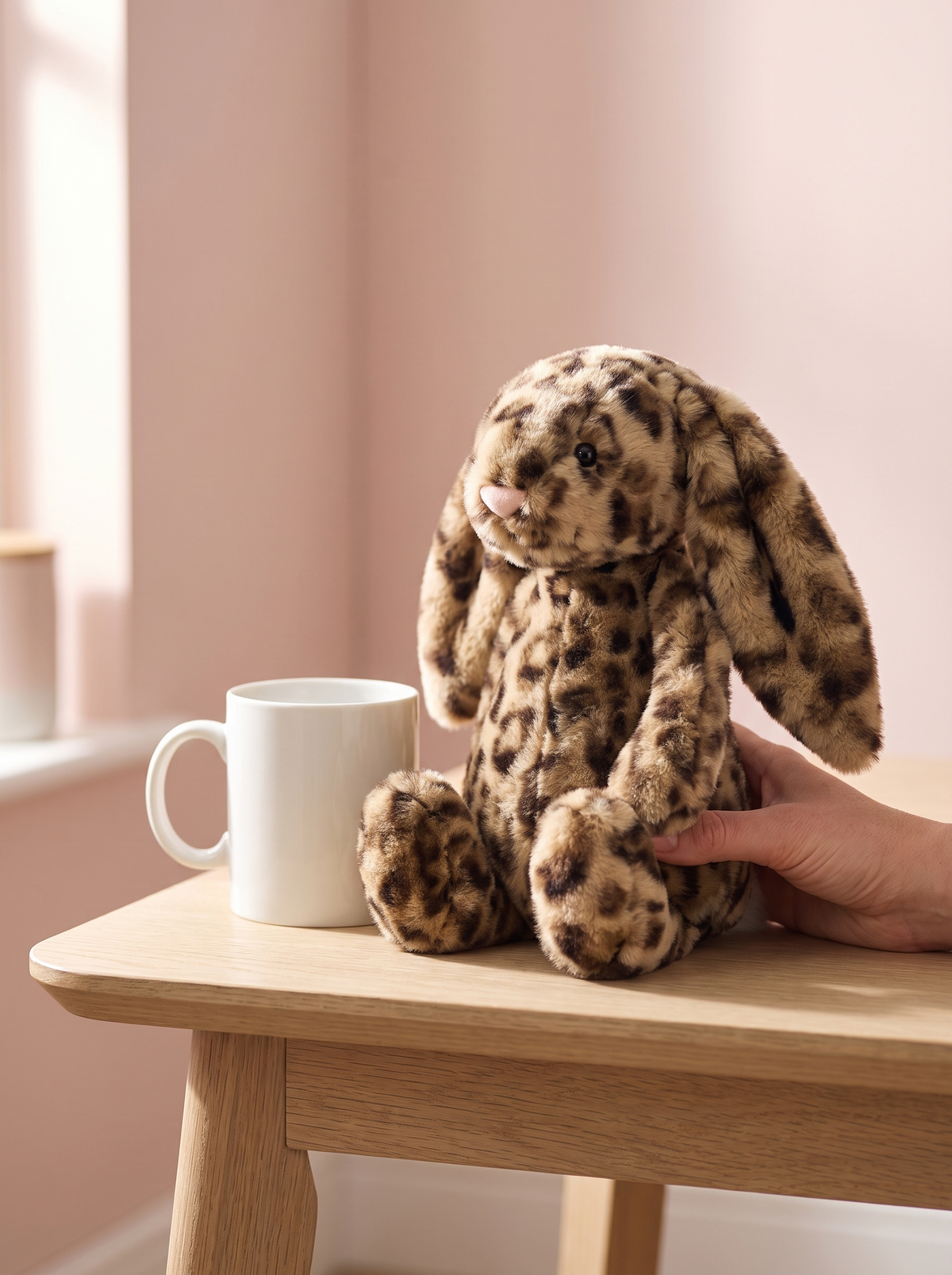 Leopard Print Bunny Plush Toy styled in a home setting