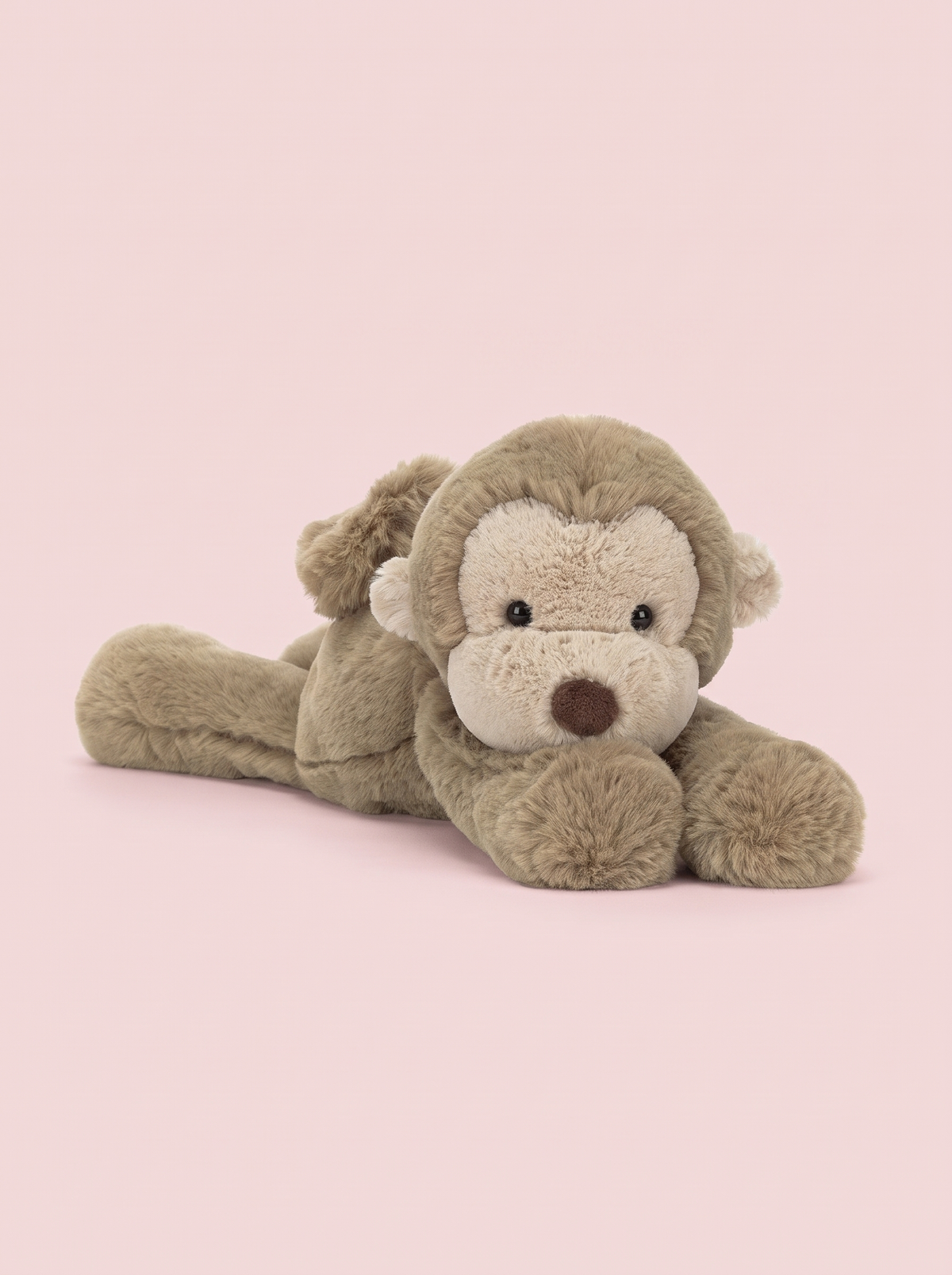 Monkey Plush Toy front view on a pink studio background