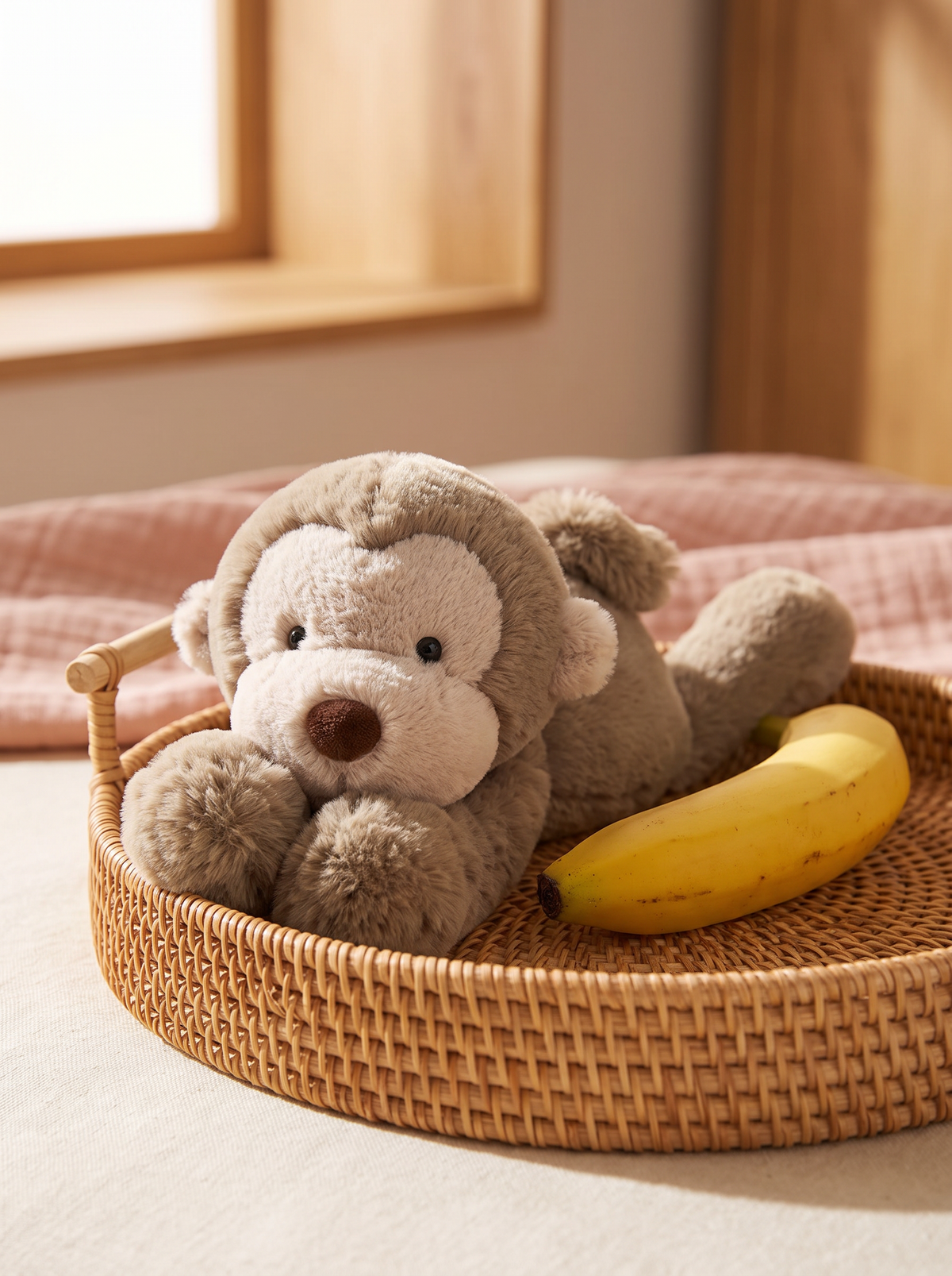 Monkey Plush Toy styled in a home setting