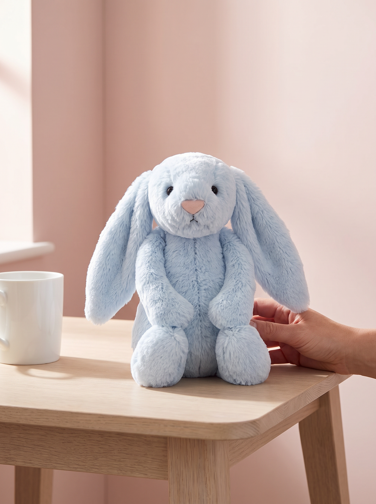 Pale Blue Bunny Plush Toy styled in a home setting