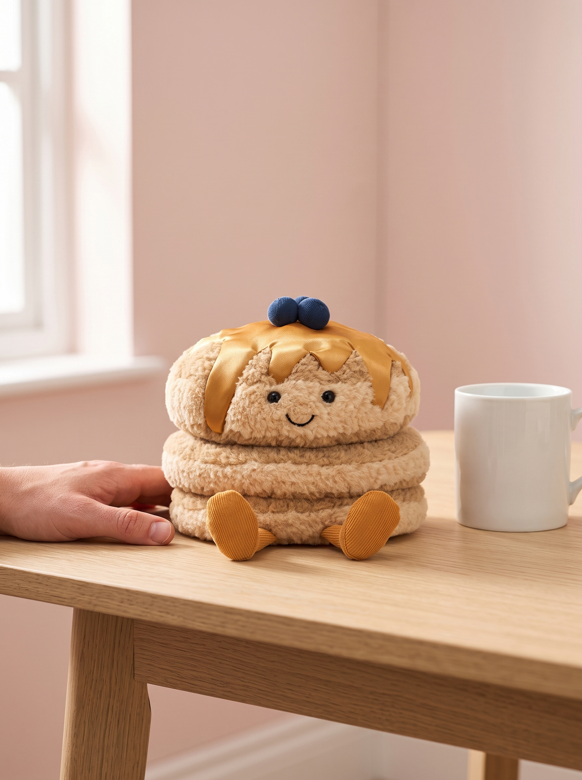 Pancake Stack Plush Toy styled in a home setting