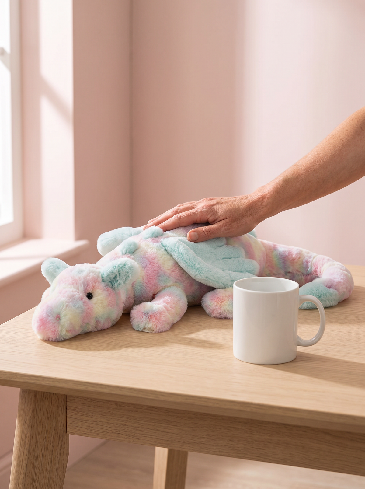 Pastel Rainbow Dragon Plush Toy styled in a home setting