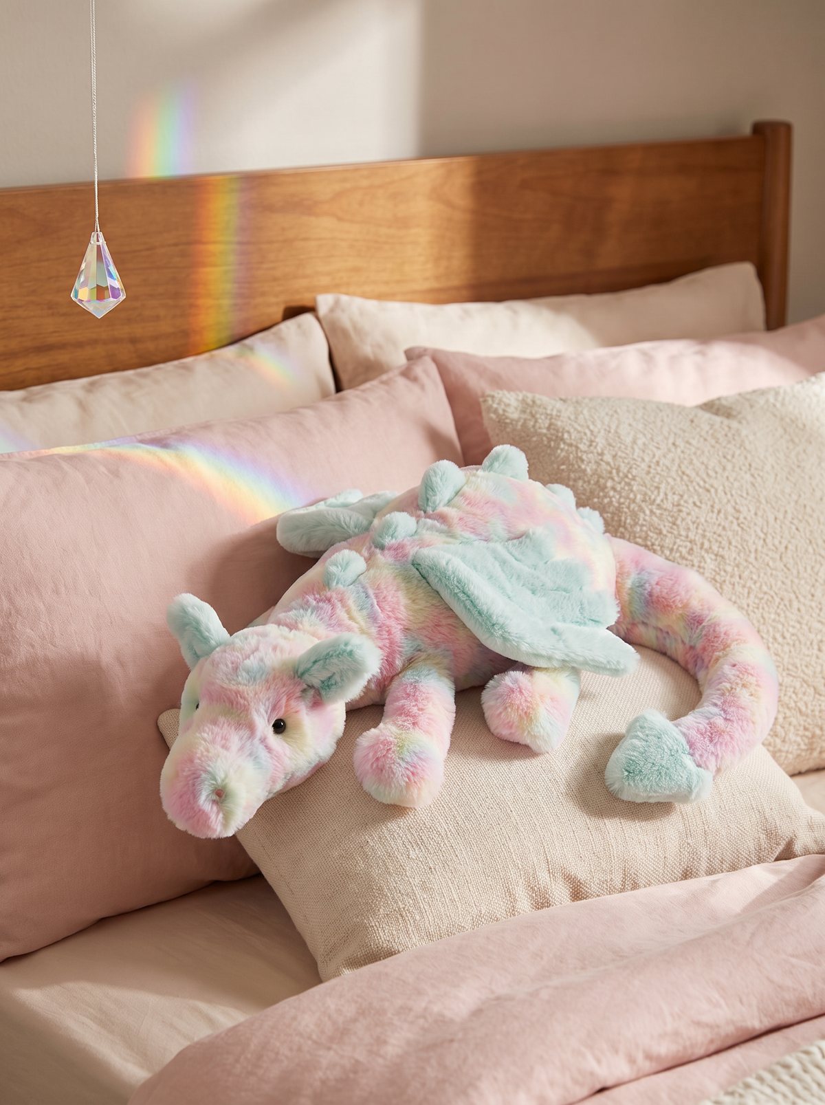 Pastel Rainbow Dragon Plush Toy lifestyle scene