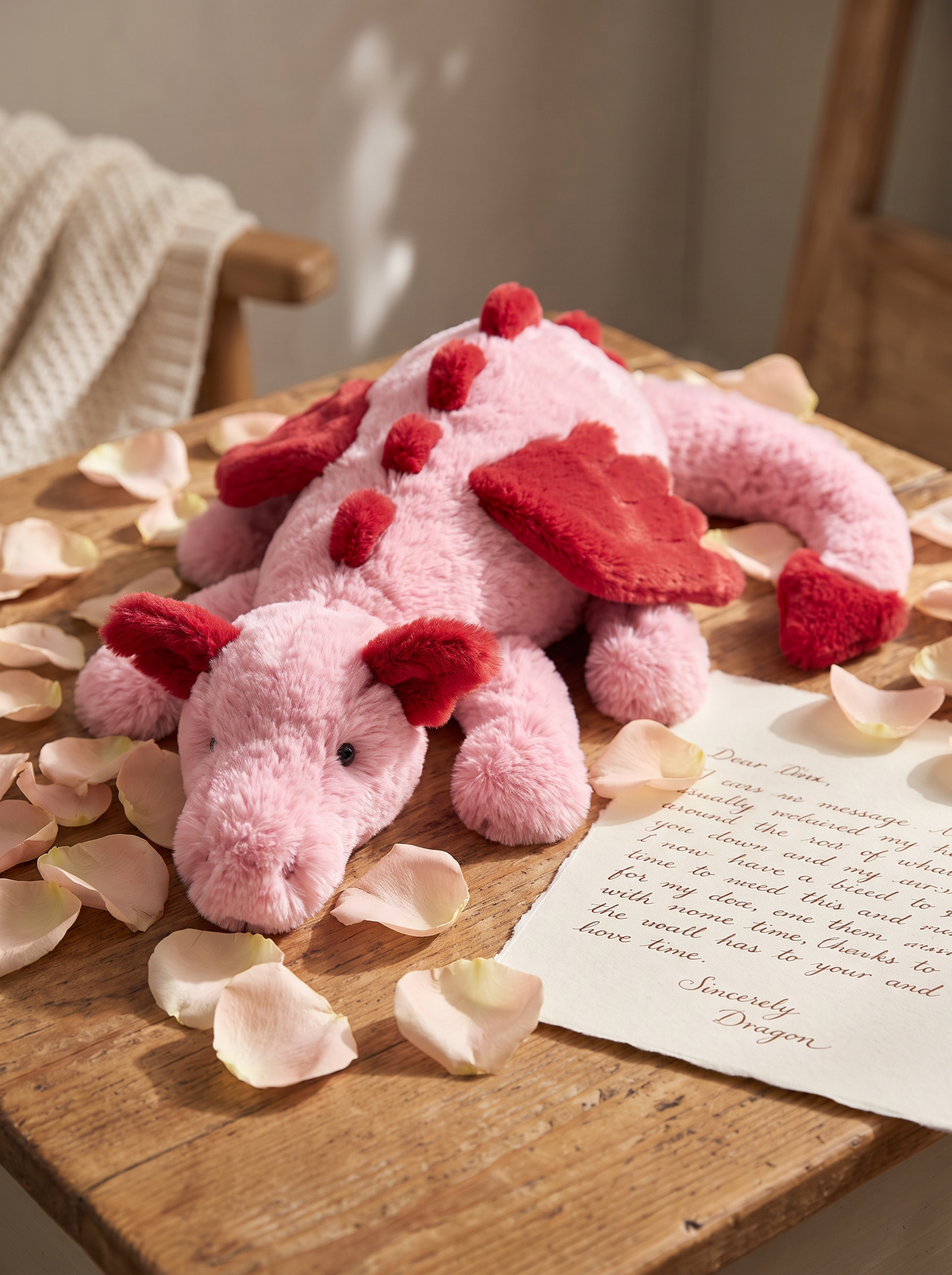 Pink and Red Dragon Plush Toy styled in a home setting
