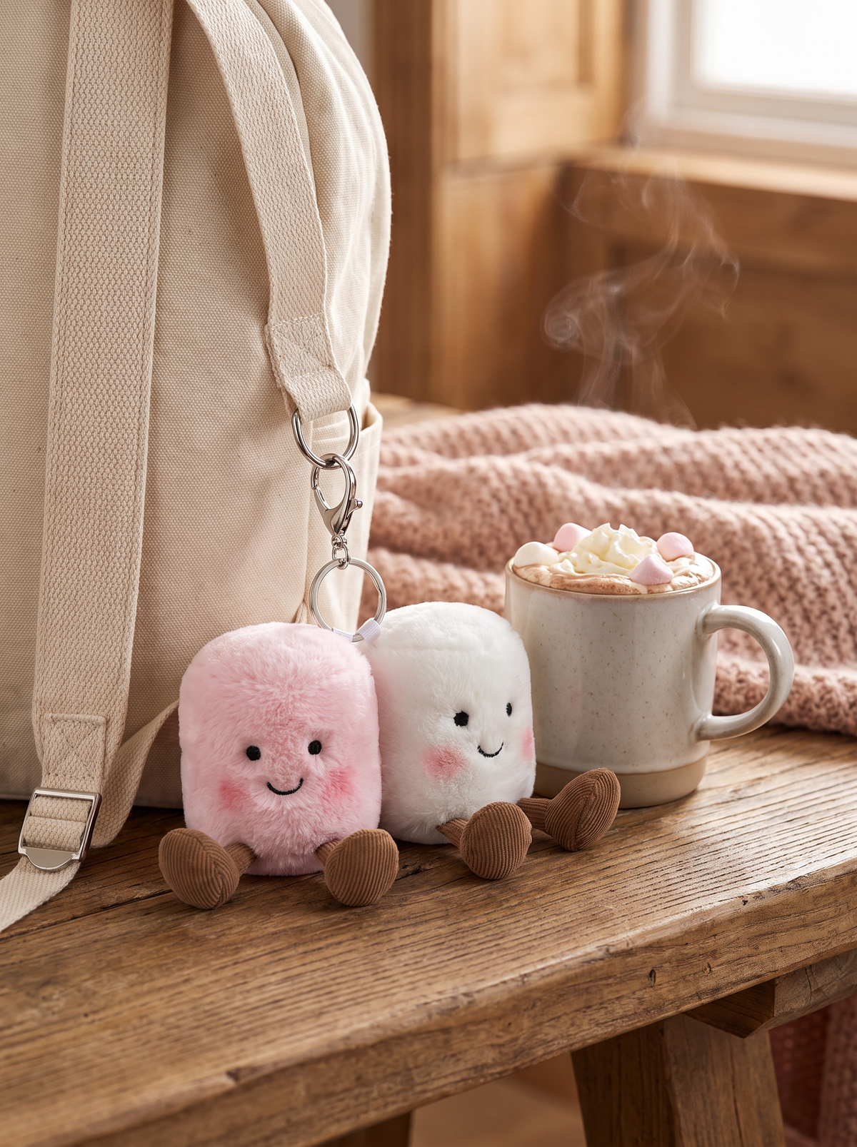 Pink and White Marshmallow Plush Bag Charm lifestyle scene