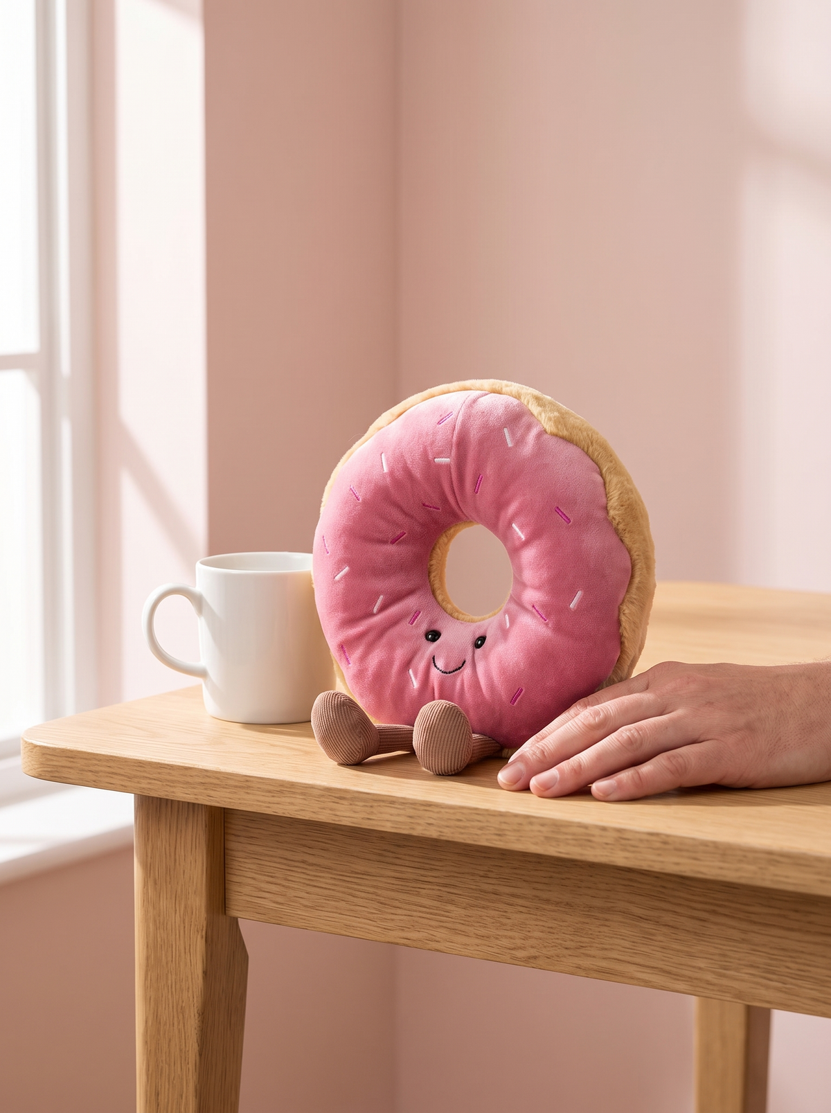 Pink Frosted Doughnut Plush Toy styled in a home setting