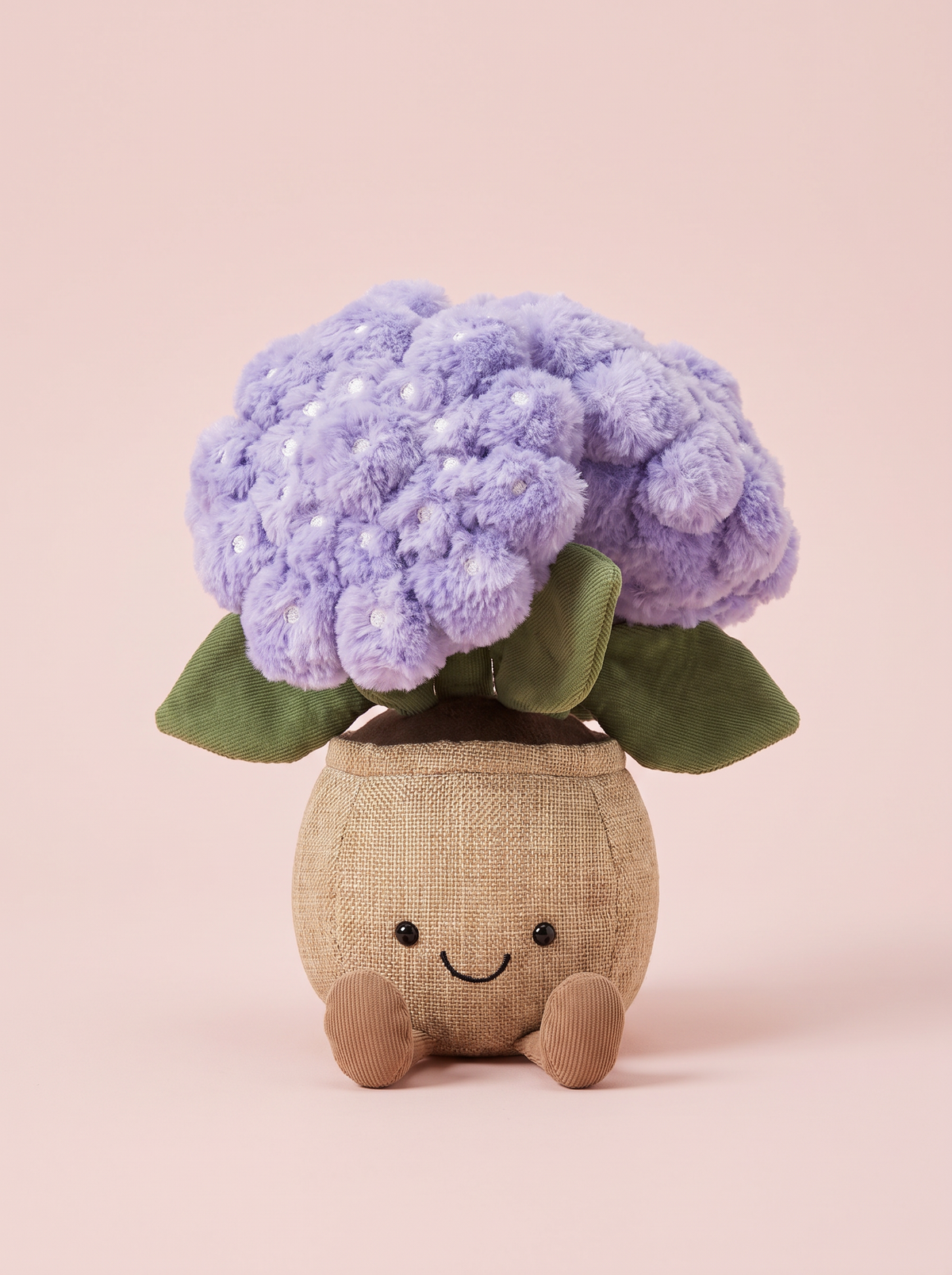 Potted Hydrangea Plush Toy front view on a pink studio background
