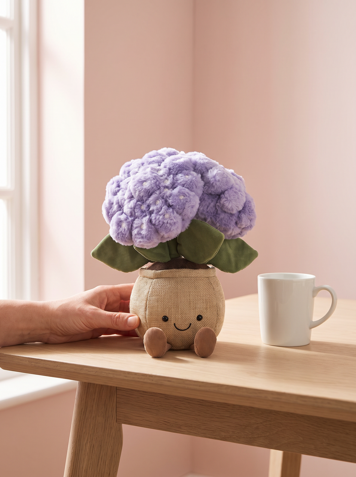 Potted Hydrangea Plush Toy styled in a home setting