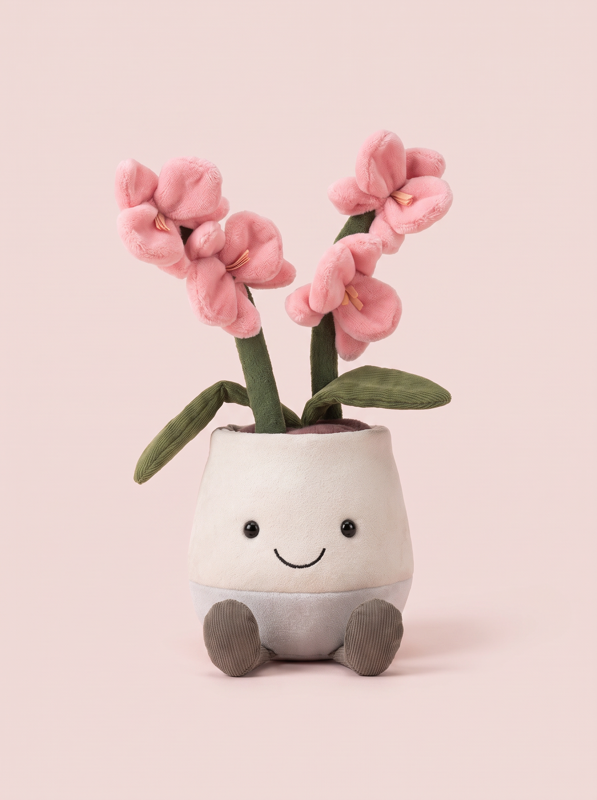 Potted Pink Orchid Plush Toy front view on a pink studio background