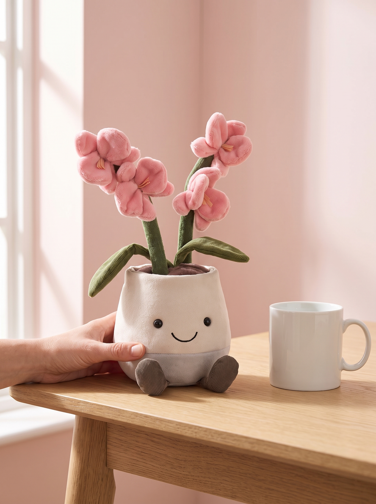 Potted Pink Orchid Plush Toy styled in a home setting