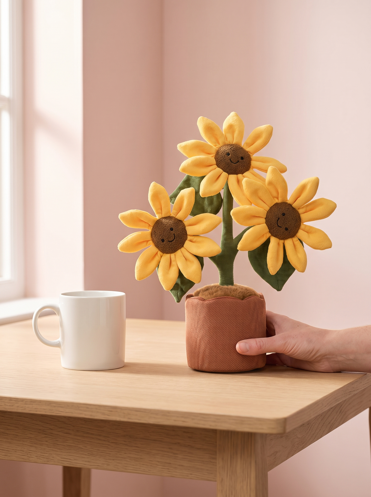 Potted Sunflower Plush Toy styled in a home setting