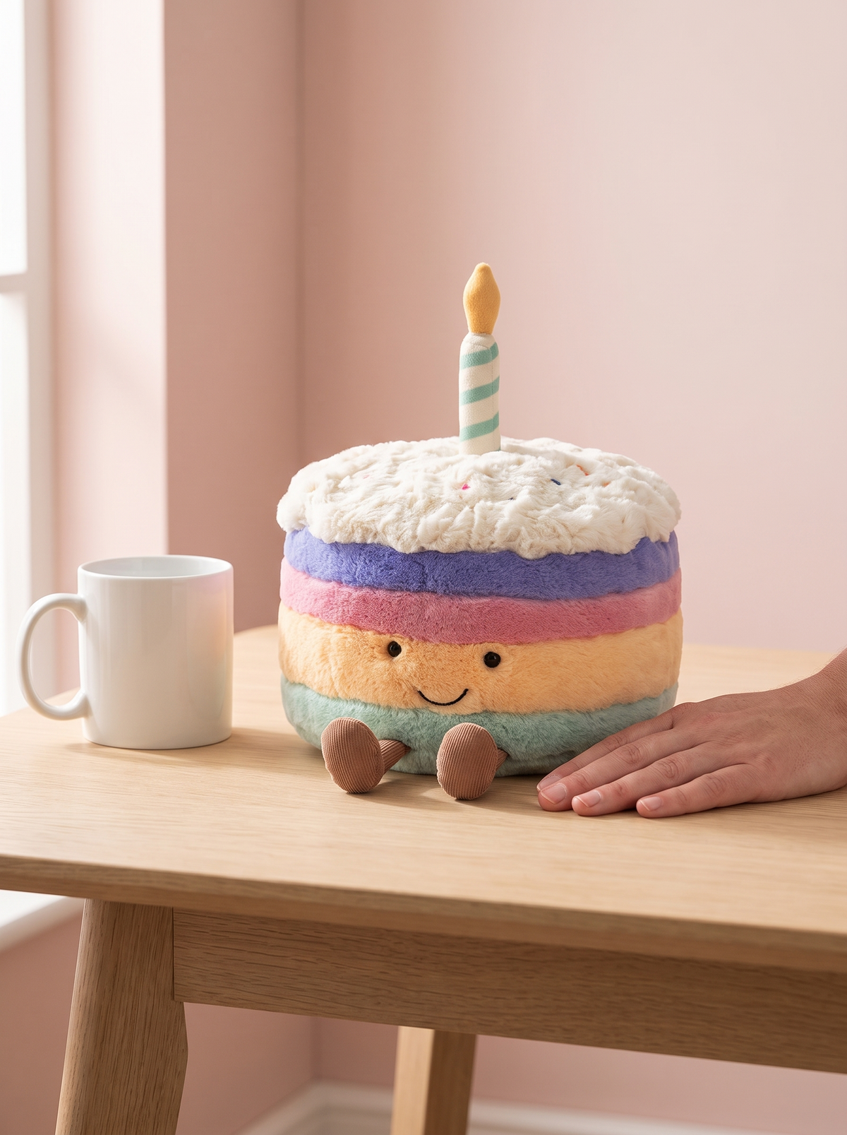 Rainbow Birthday Cake Plush Toy styled in a home setting