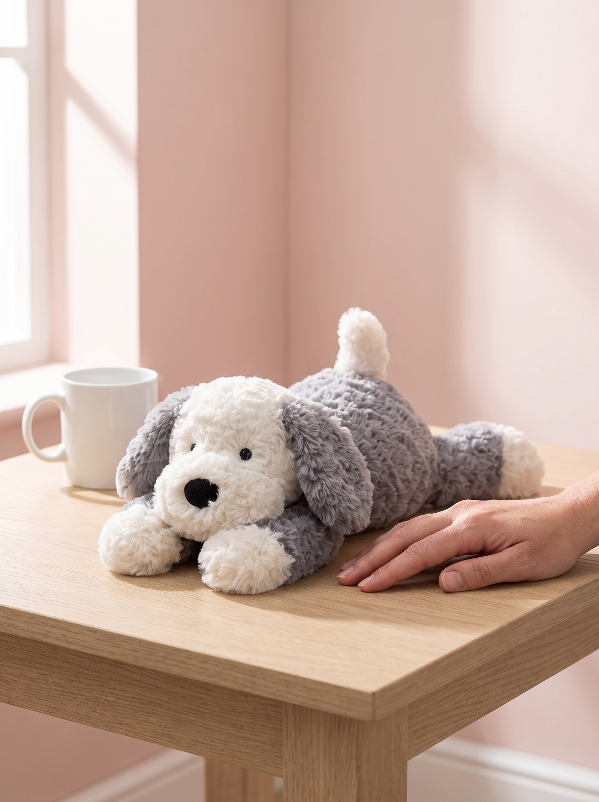 Sheepdog Puppy Plush Toy styled in a home setting
