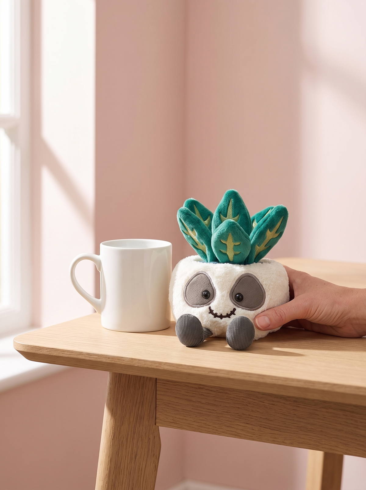 Skull Plant Pot Plush Toy styled in a home setting