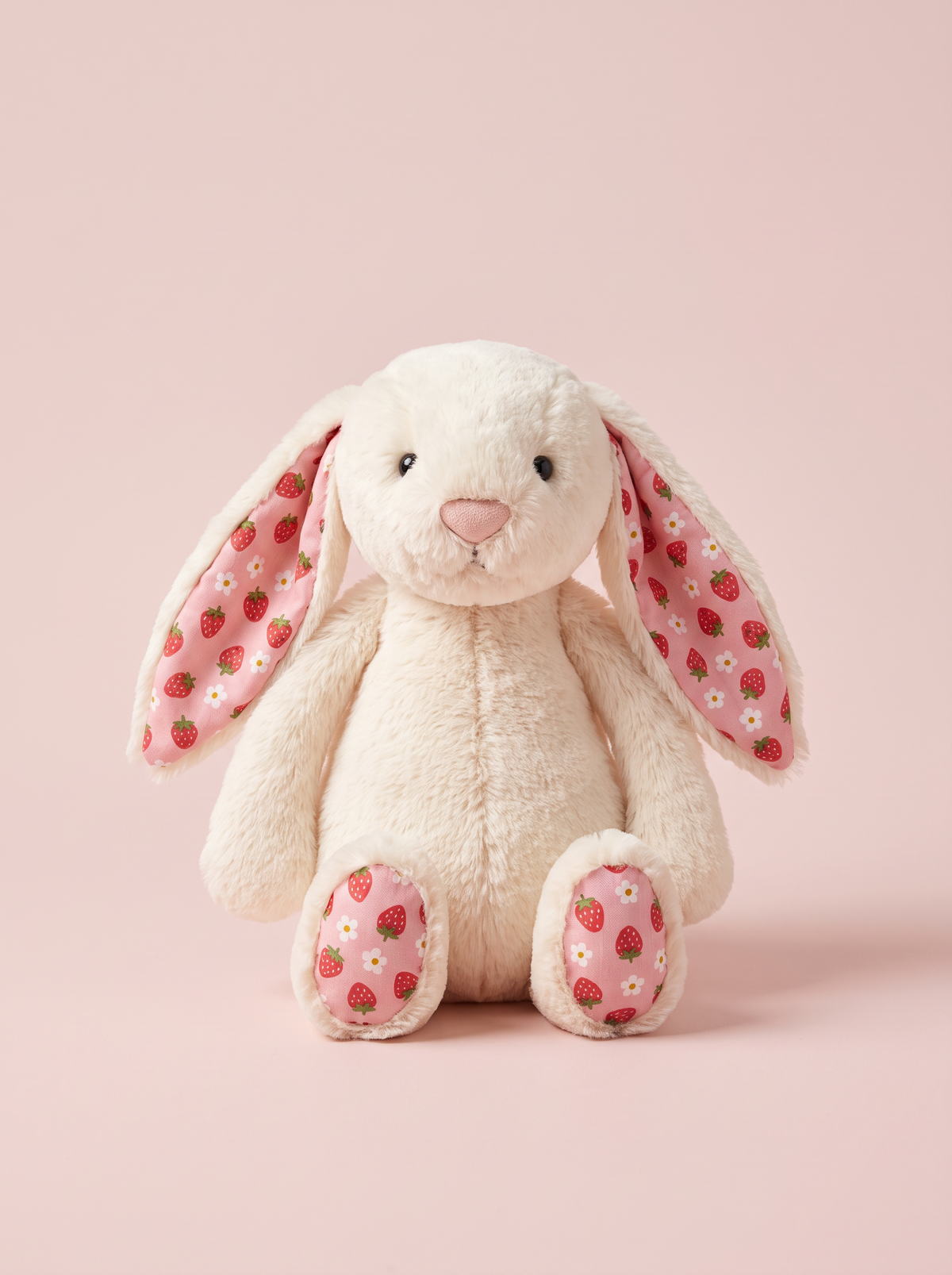 Strawberry Print Bunny Plush Toy front view on a pink studio background