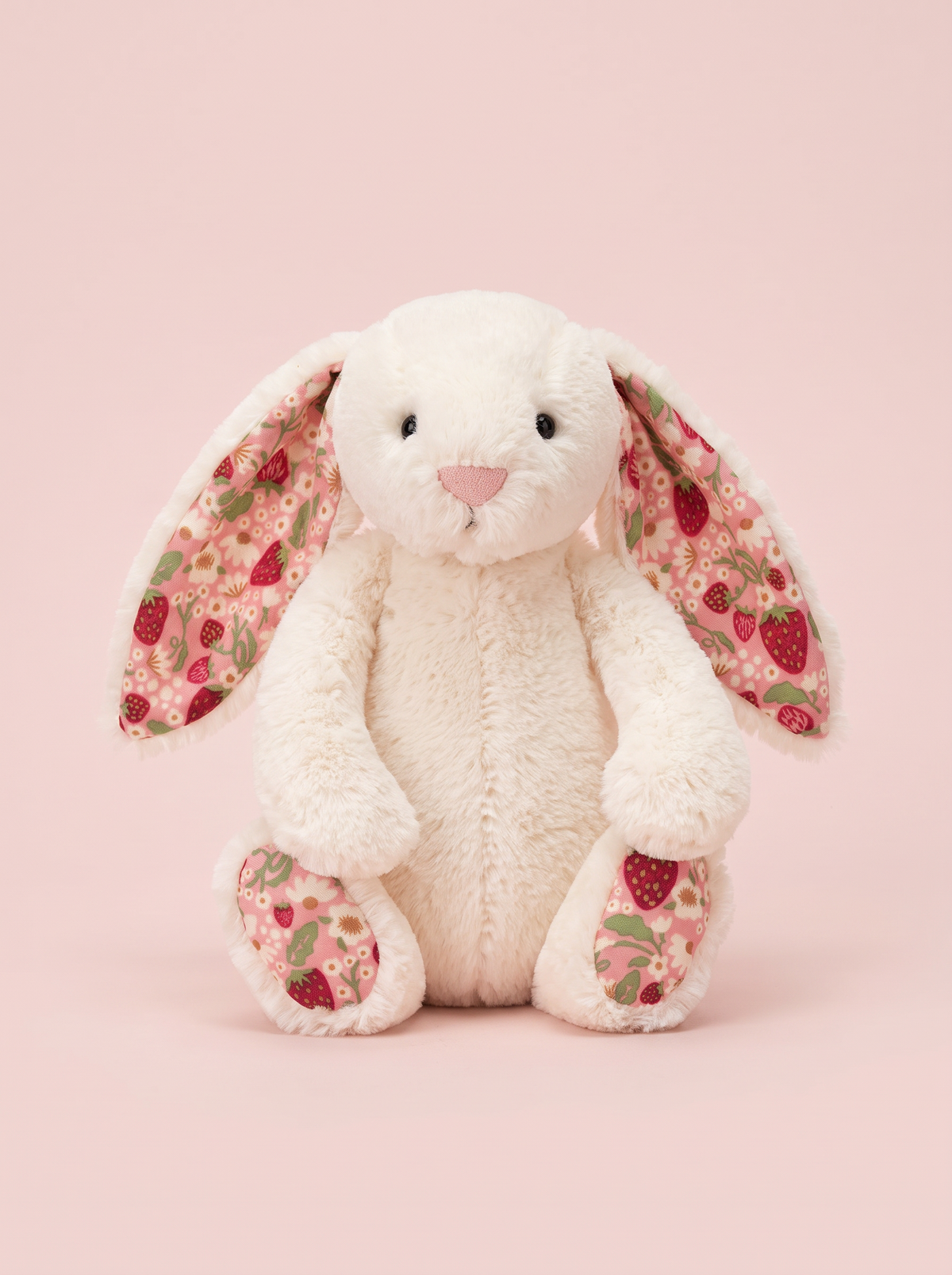 Strawberry Print Bunny Plush Toy angled studio view