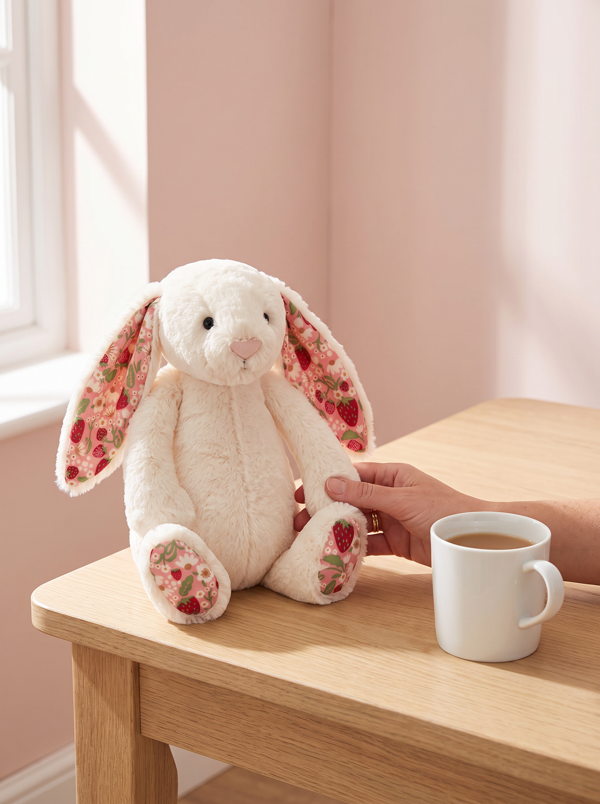 Strawberry Print Bunny Plush Toy styled in a home setting