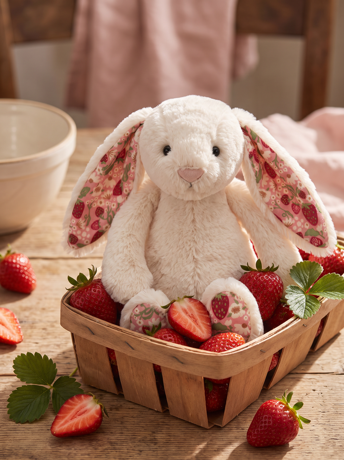 Strawberry Print Bunny Plush Toy lifestyle scene